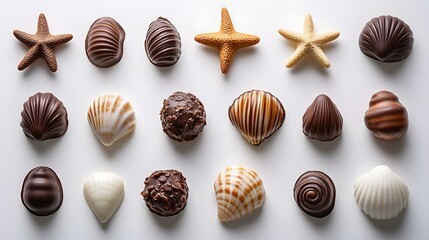Seashell-shaped chocolates, featuring starfish and clam designs in dark and white marbled textures, are arranged neatly on a white background in a clean, gourmet display.