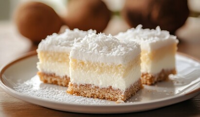 Enjoying Delicious Coconut Cream Cheesecake Bars on a White Plate