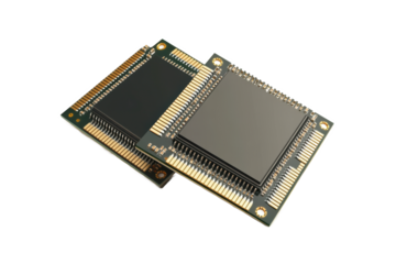 Two electronic chips stacked on top of each other showing circuit boards and component details in close up view