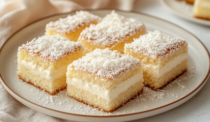 Serving of Delicious Coconut Cake Squares on a Plate Ready to Eat