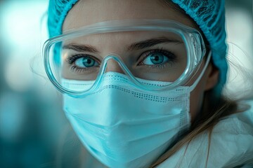 A medical professional wearing protective eyewear and face mask