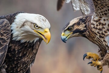 Fototapeta premium A bald eagle interacting with a falcon, showcasing different birds of prey