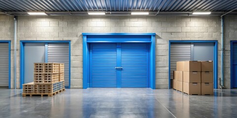 storage room with blue door , crates and boxes, concrete floor