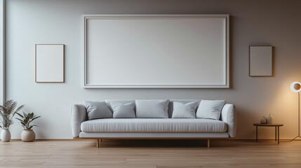 Modern minimalist living room interior with pastel lavender sofa with sleek modern lines and mockup on the wall.