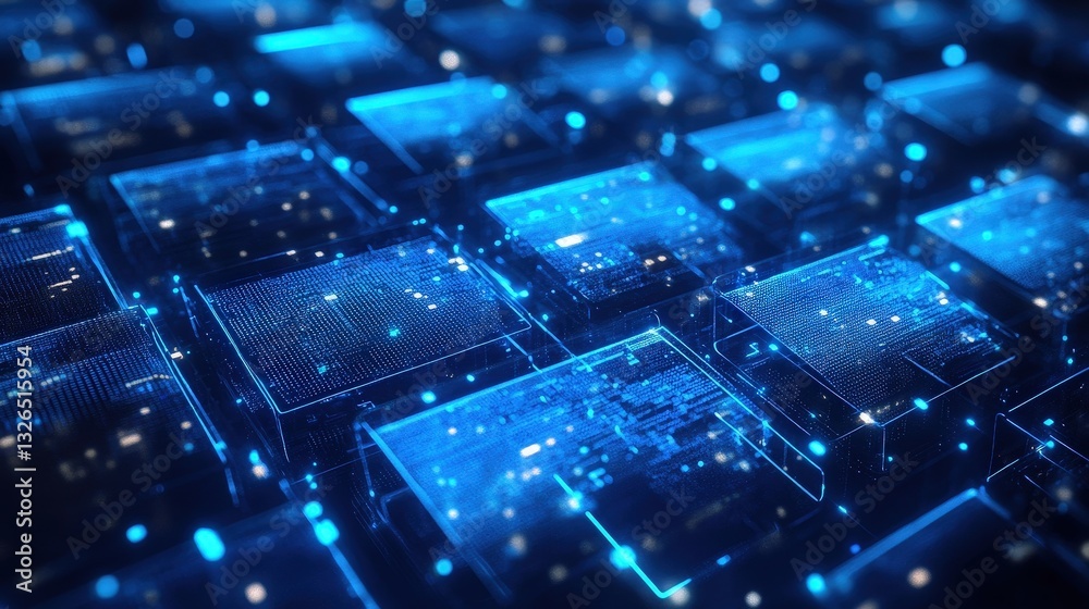 Poster a close-up view of a futuristic keyboard with illuminated keys and a digital design, creating a high
