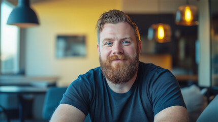 Smiling bearded man with red hair in dark t-shirt against blurred cafe background. His friendly expression and casual style create a warm, approachable portrait with atmospheric lighting.