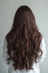 Stunning long wavy brown hair cascading down a woman’s back, glossy and voluminous curls, healthy and well-groomed hairstyle, beauty and fashion inspiration for hair care, salon treatments