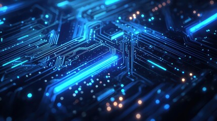 Obraz premium Abstract Technology Circuit Board with Blue Neon Lights and Patterns