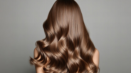Fototapeta premium Stunning long wavy brown hair cascading down a woman’s back, glossy and voluminous curls, healthy and well-groomed hairstyle, beauty and fashion inspiration for hair care, salon treatments