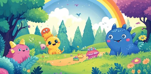Fototapeta premium A Colorful Illustration Depicts Friendly Monsters in a Sunny Landscape
