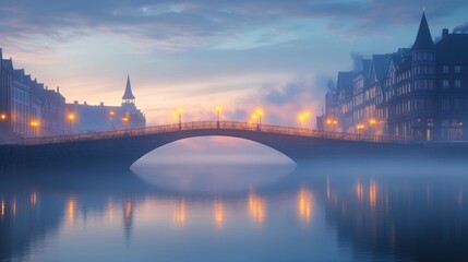 Naklejka premium Stunning norwegian bridge at sunset with reflections and fog over the serene sea in a cityscape