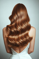 Fototapeta premium Stunning long wavy brown hair cascading down a woman’s back, glossy and voluminous curls, healthy and well-groomed hairstyle, beauty and fashion inspiration for hair care, salon treatments