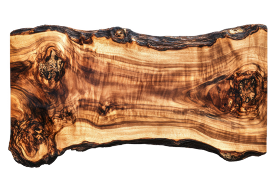 A rustic wooden cutting board with natural edges showcasing the wood grain and unique shape of the material