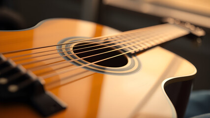 Fototapeta premium Acoustic Harmony, Close-Up of a Guitar's Body, Highlighting its Strings and Sound Hole, Symbolizing Music, Creativity, and the Beauty of Sound.