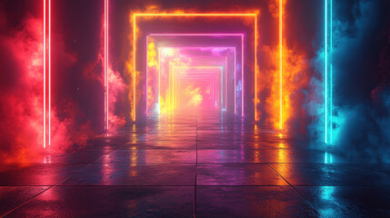 vibrant corridor of glowing neon lights in various colors creates mesmerizing atmosphere. reflections on wet floor enhance surreal experience, inviting exploration
