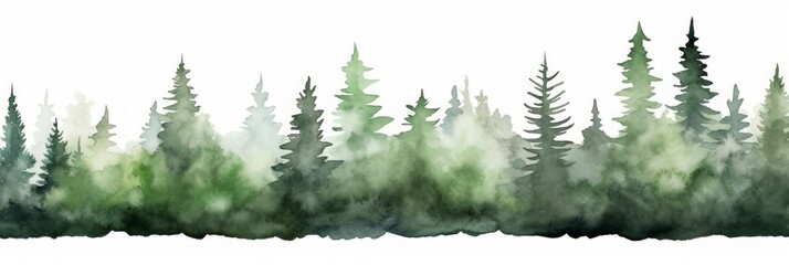 Watercolor Tree Line of Alder on White Background with Dark Green and Light Gray Colors for Christmas Panoramic Scene