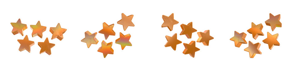Set of 4 3d five stars shapes with golden and rainbow effects isolated on a transparent background. 3d elements for graphic design.