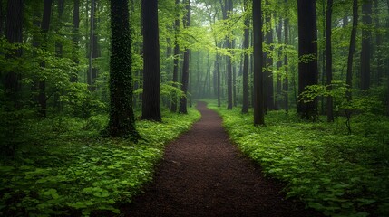Fototapeta premium Spring forest path features vibrant green leaves, ancient ivy-wrapped trunks, and dappled sunlight, with earthy trails and wildflowers creating a mystical, tranquil woodland scene.
