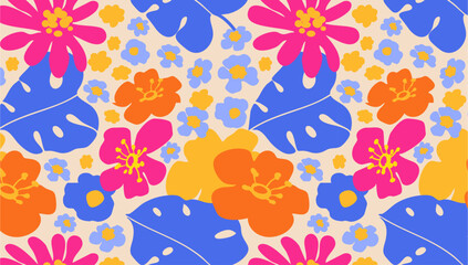 Hawaii flower bright seamless pattern, modern hand drawn elements, cute clothing textile ornament, fabric, packaging paper, cover, background, wallpaper, vector
