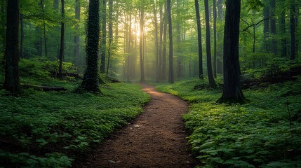 Obraz premium Spring forest path features vibrant green leaves, ancient ivy-wrapped trunks, and dappled sunlight, with earthy trails and wildflowers creating a mystical, tranquil woodland scene.