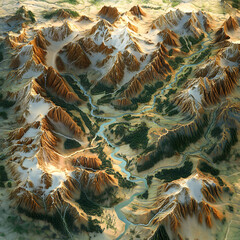 Detailed Topographical Landscape Showcasing Mountain Ranges, Valleys, and River System Erosion Patterns