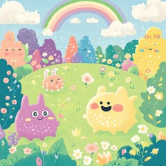 Naklejka premium Whimsical characters in a colorful landscape with rainbow above