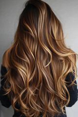 Fototapeta premium Elegant long brown hair with soft curls on a woman’s back, healthy shiny strands in a natural wavy style, beauty fashion concept, professional hair care and styling, feminine hairstyle inspiration
