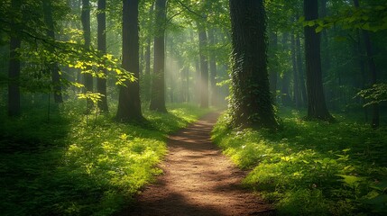 Obraz premium Spring forest path features vibrant green leaves, ancient ivy-wrapped trunks, and dappled sunlight, with earthy trails and wildflowers creating a mystical, tranquil woodland scene.