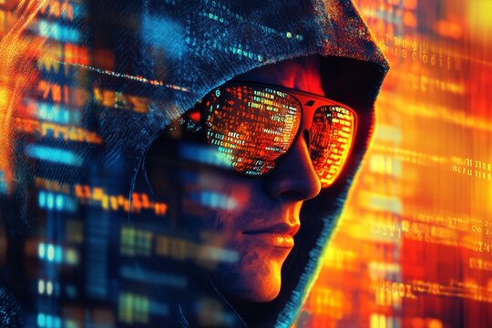 Dynamic cyberpunk hacker poster featuring vibrant colors and digital code in a futuristic setting
