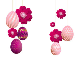 Easter poster with pink Easter eggs and flowers decorated with a pattern. Template for Easter banner, postcard, greeting.