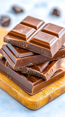 Stack of dark chocolate squares on a wooden board