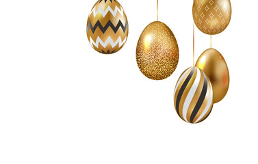 Easter poster with golden Easter eggs decorated with a pattern. Template for Easter banner, postcard, greeting.