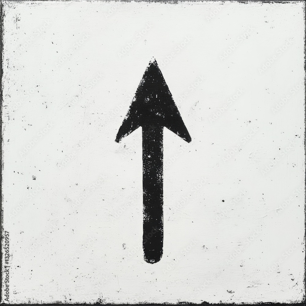 Poster black arrow on white canvas: a stark and distressed sign pointing upwards, symbolizing direction, am