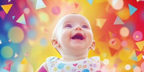 Fototapeta premium A happy baby looking upward with joy and excitement on their face