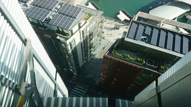 Looking down onto rooftops in Darling Harbour