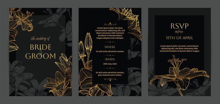 Beautiful golden wedding invitations. Modern and luxurious A4 vector format design with highly detailed flowers for print and web. Hand drawn tiger lilies illustrations on black and gold design
