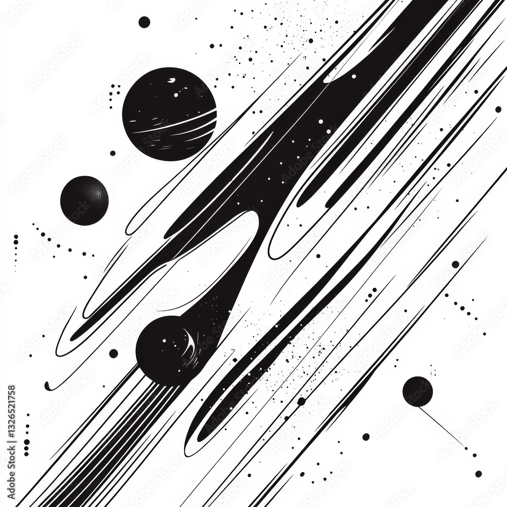 Poster cosmic dance: a minimalist abstract of celestial motion with black lines, spheres, and scattered poi