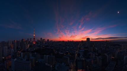 Fototapeta premium Panoramic view of Tokyo's skyline at sunset.
