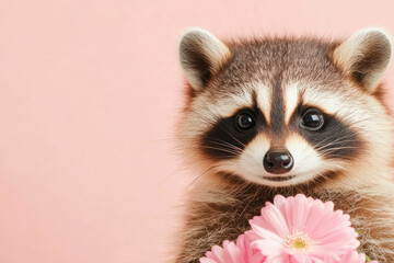 Adorable raccoon holding pink flowers against soft pastel background for cute animal portrait