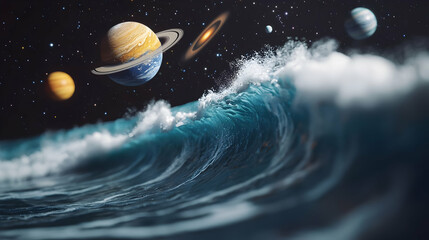 Naklejka premium The image combines space and ocean imagery, featuring planets above a large wave