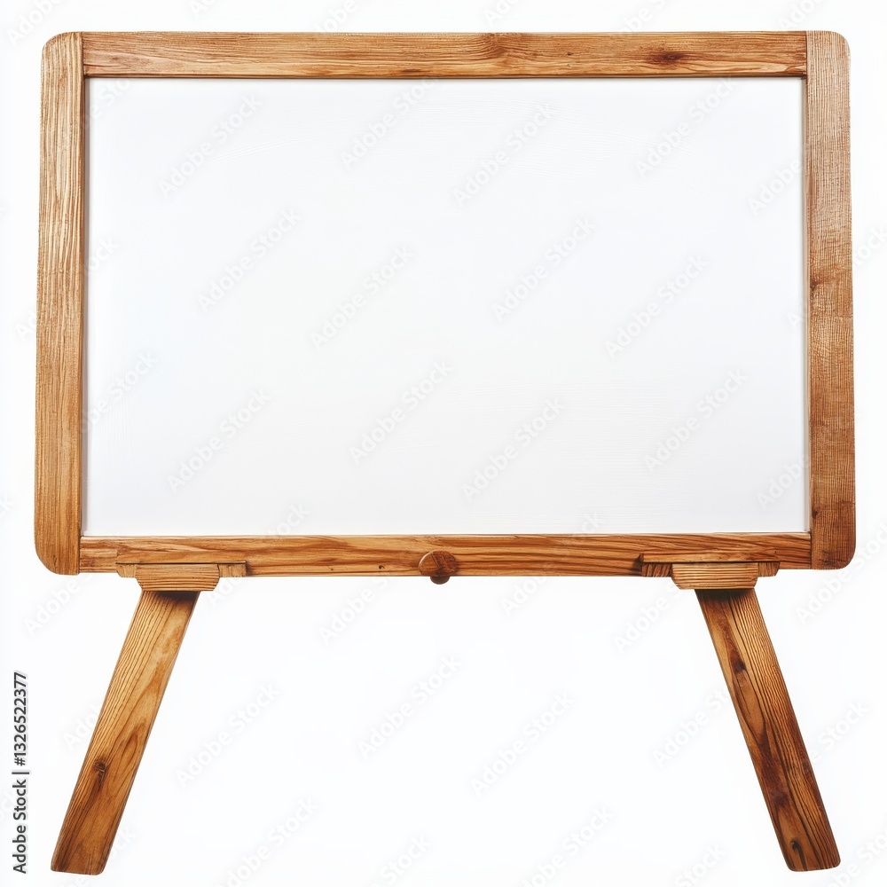 Poster empty standing whiteboard with wooden frame and legs, perfect for displaying messages or art.