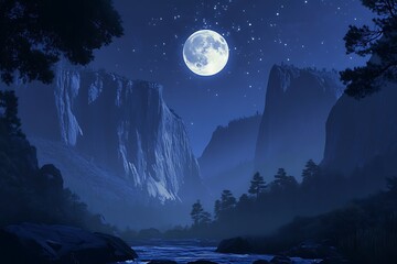 sight portrays a peaceful and mystic hill expanse bordered by bluffs brightened by spellbinding shine of a full lunar orb  
