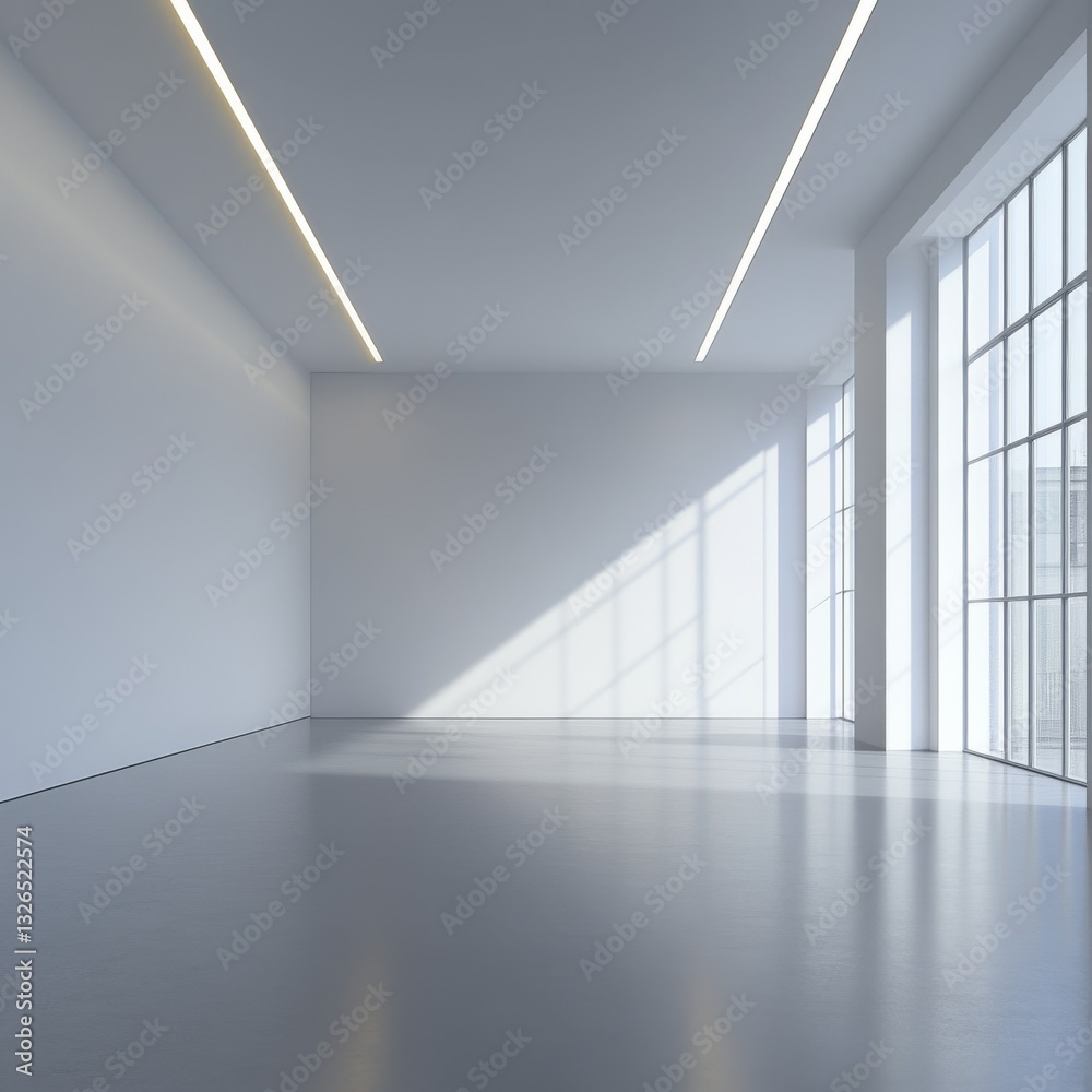 Poster minimalist empty white room with large windows and modern lighting design, showcasing architectural 