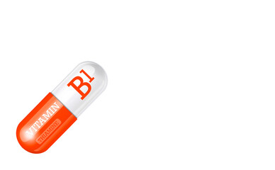 Vitamin B1, Bicolor orange and white Capsule, tablets, dietary supplement on white background.