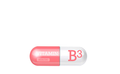 Vitamin B3, tablet, vitamin capsule. Two tone pink and white capsule. copy space