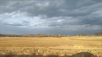 Driving through the spring yellow fields. landscape from the window of a car moving at speed.