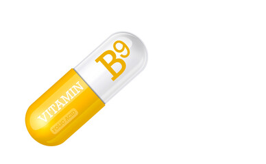 Vitamin B9, Folic acid. Capsule tablet on white background. Copy space.