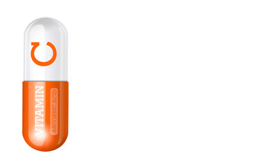 Vitamin C. Ascorbic acid. Capsule tablet orange on white background. Copy space