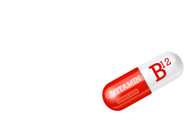 Vitamin B12, Cobalamin. Capsule tablet on white background. Copy space.