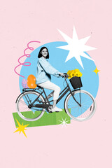 Vertical creative collage picture young cheerful woman ride bicycle yellow daisy flowers springtime...